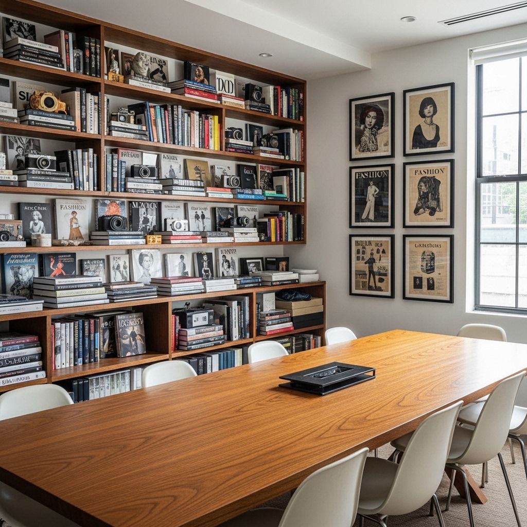 Уютная переговорная комната редакции Ravixo в деловом центре Лос-Анджелеса: деревянный стол, стеллажи с книгами о моде и дизайне, белые стены с редкими фотопечатями