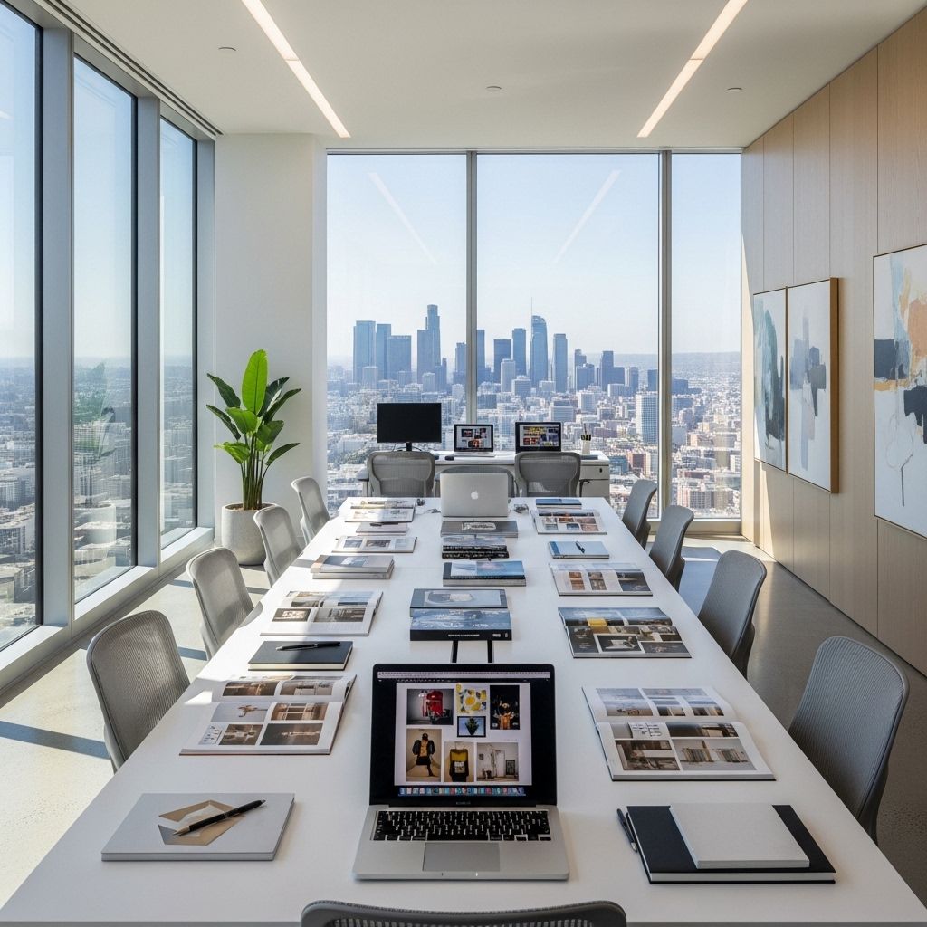 Современный светлый редакционный офис в небоскрёбе Лос-Анджелеса с панорамными окнами, длинным белым столом для совещаний, журналами и ноутбуками, вид на городской горизонт