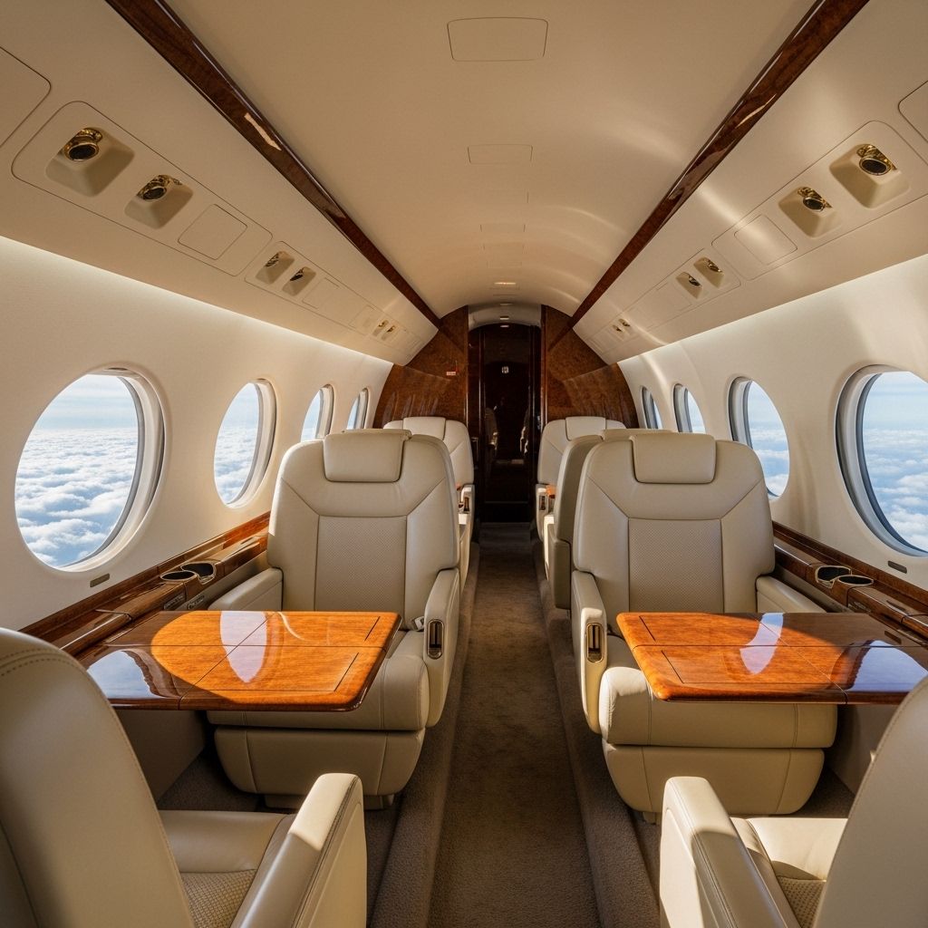 Просторный салон частного самолёта Gulfstream G700 с кожаными креслами в кремово-бежевых тонах, деревянными панелями и окнами с видом на облака