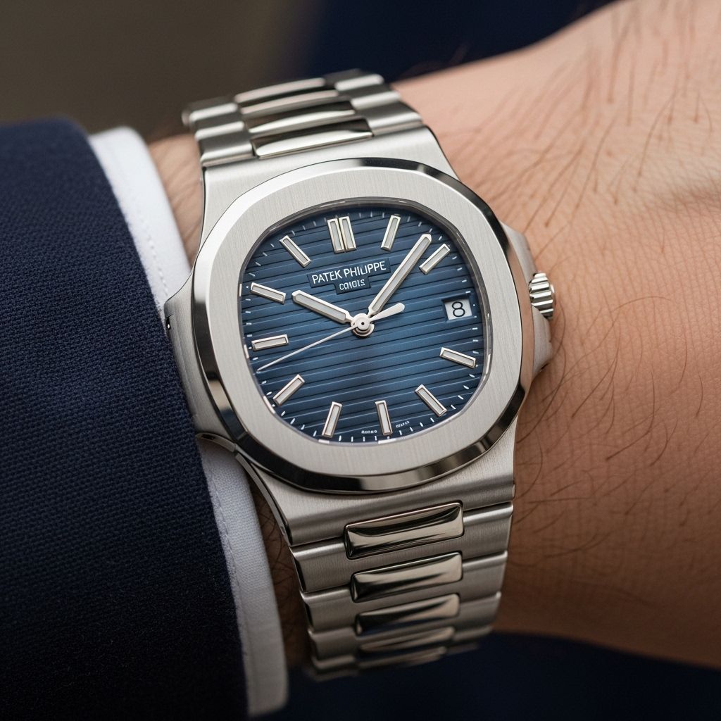 Крупный план механических часов Patek Philippe серии Nautilus из белого золота с синим циферблатом на запястье мужчины в тёмно-синем пиджаке
