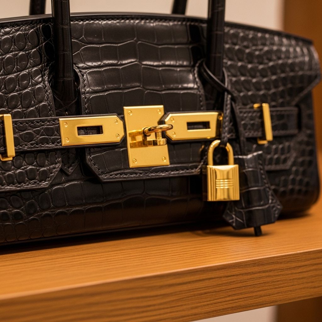 Крупный план деталей люкс-сумки из зернистой кожи шампань от Hermès с золотой фурнитурой на фоне паркетного пола парижского бутика