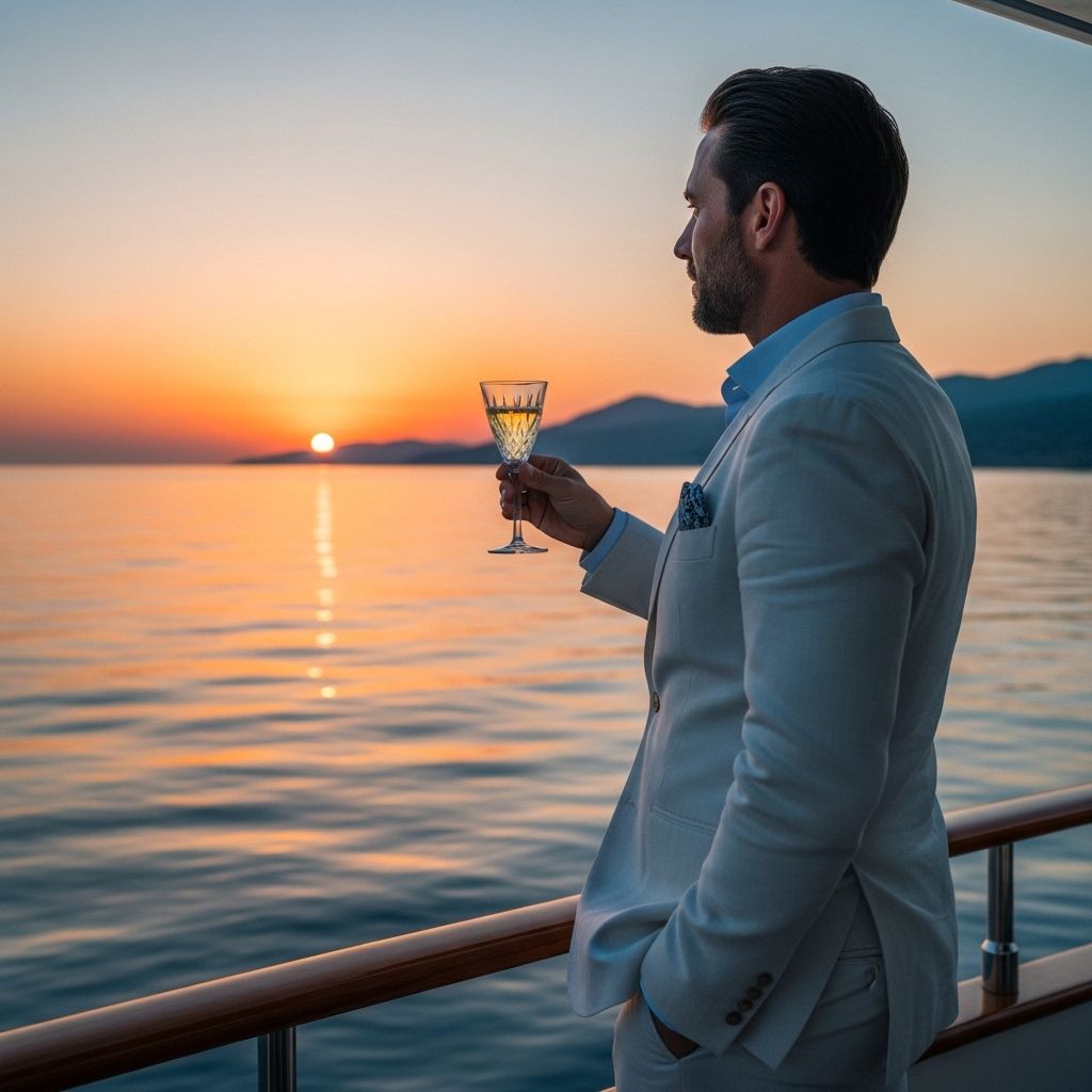Элегантный мужчина в белом льняном костюме на яхте в Средиземноморье, держит бокал шампанского на фоне заката и водного горизонта