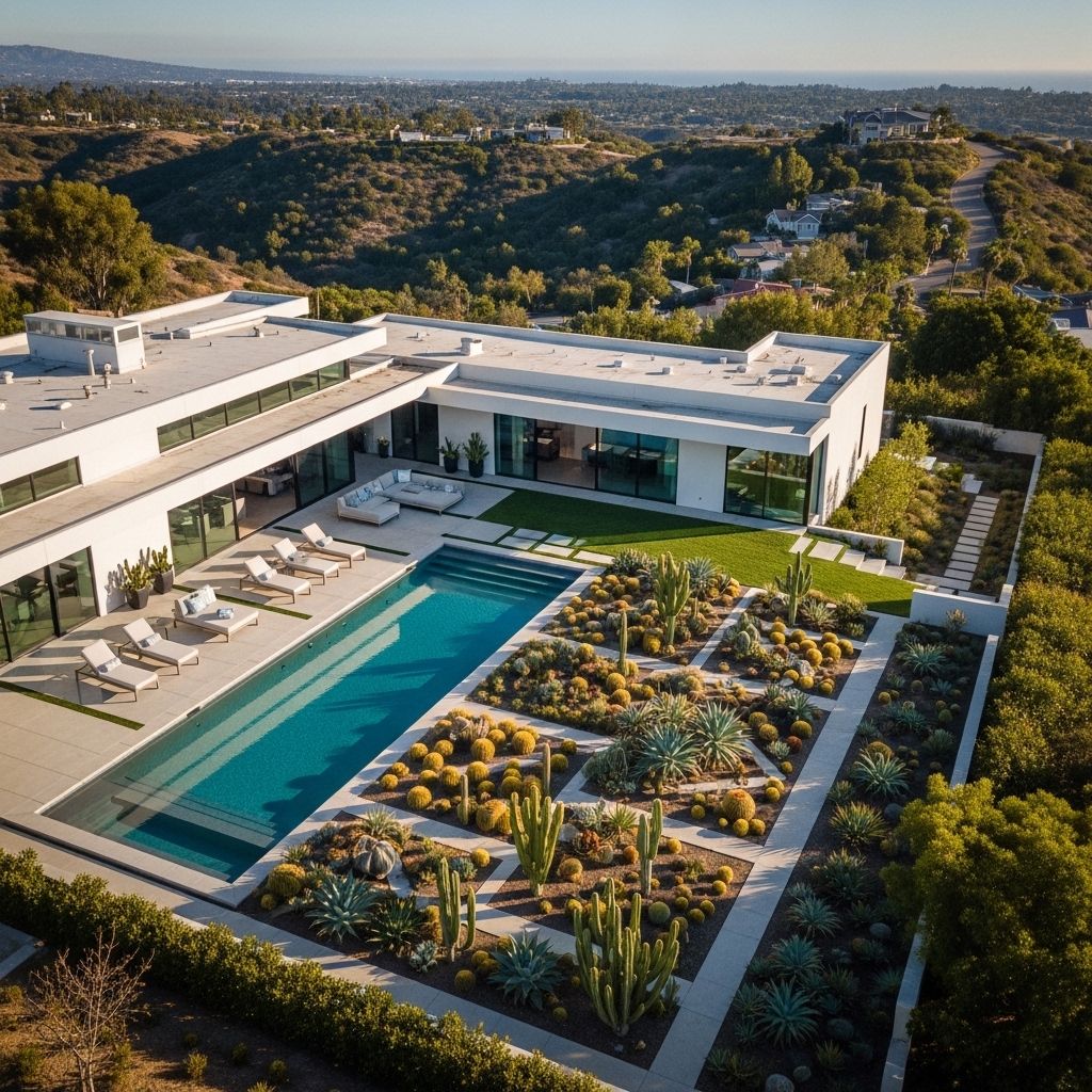 Архитектурный вид с дрона на современный минималистичный особняк в Калифорнии с плоской кровлей, бассейном в форме прямоугольника и ландшафтным садом из суккулентов