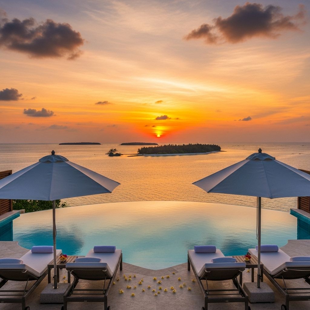 Частный бассейн-инфинити с кристально чистой водой на краю скалы с видом на тропические острова Мальдив на закате, шезлонги и белые зонты