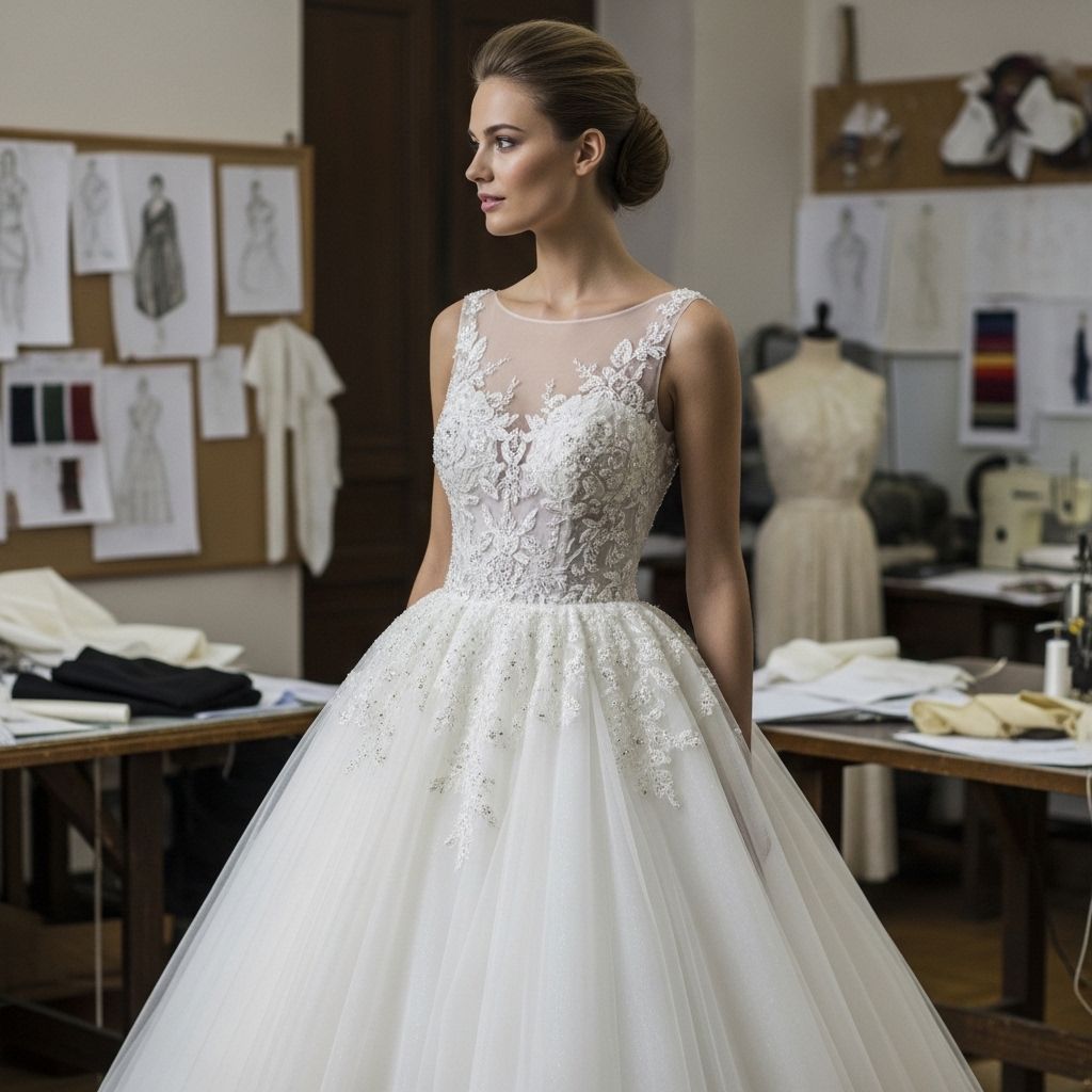 Модель в элегантном длинном платье из шёлка цвета слоновой кости от haute couture бренда на фоне белого интерьера парижского ателье с зеркалами в золотых рамах