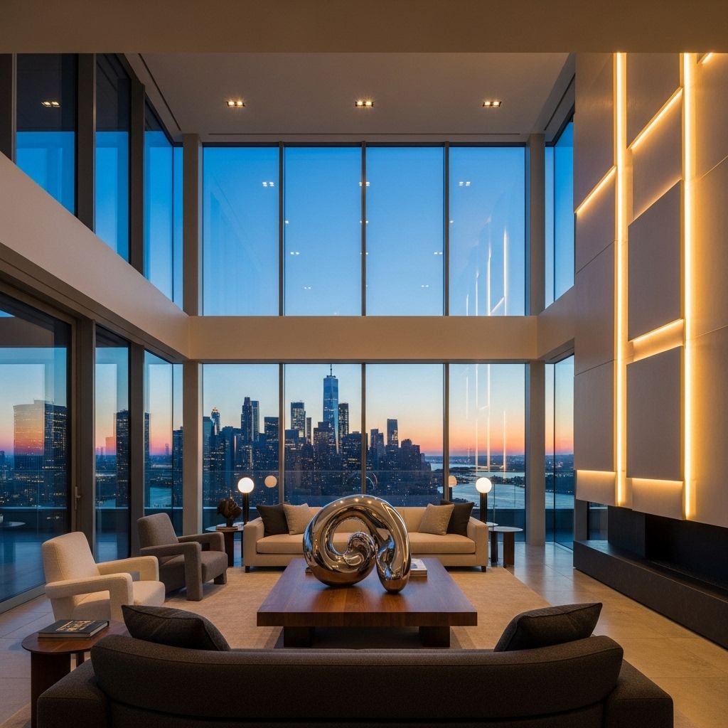 Интерьер роскошного пентхауса в небоскрёбе с видом на вечернюю панораму Манхэттена: концептуальная мебель, приглушённый свет, двойная высота потолков, стены из стекла