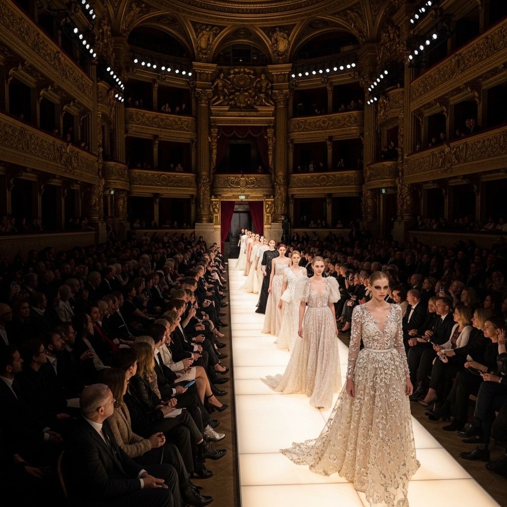 Подиумный показ haute couture в роскошном зале Парижской Оперы: модели в длинных вечерних платьях из шёлка и тюля движутся по световой дорожке перед аудиторией в вечерних нарядах