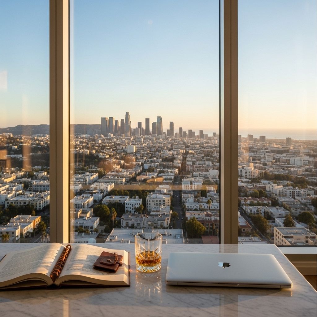 Панорамный вид из панорамных окон роскошной квартиры с видом на закатный Лос-Анджелес, стакан виски на мраморном столе, открытая книга и ноутбук — символ утончённой повседневной жизни