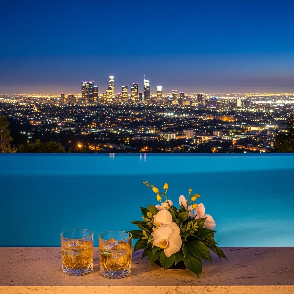 Панорамный вид на ночной Лос-Анджелес с роскошной открытой террасы пентхауса с бассейном-инфинити, хрустальными бокалами и живыми цветами