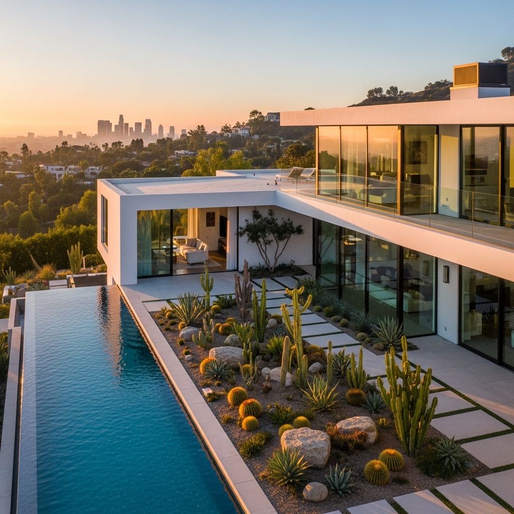 Вид с дрона на современный минималистичный особняк в Беверли-Хиллс с плоской кровлей, прямоугольным бассейном с синей водой, садом из суккулентов и панорамными окнами с видом на Лос-Анджелес