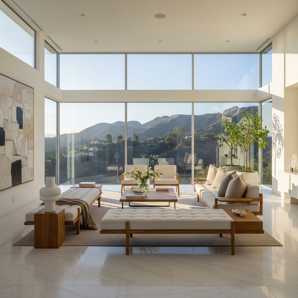 Просторная гостиная ультрасовременного особняка в Беверли-Хиллс с панорамными окнами в пол, видом на Голливудские холмы, белыми мраморными полами и минималистичной мебелью из светлого дерева
