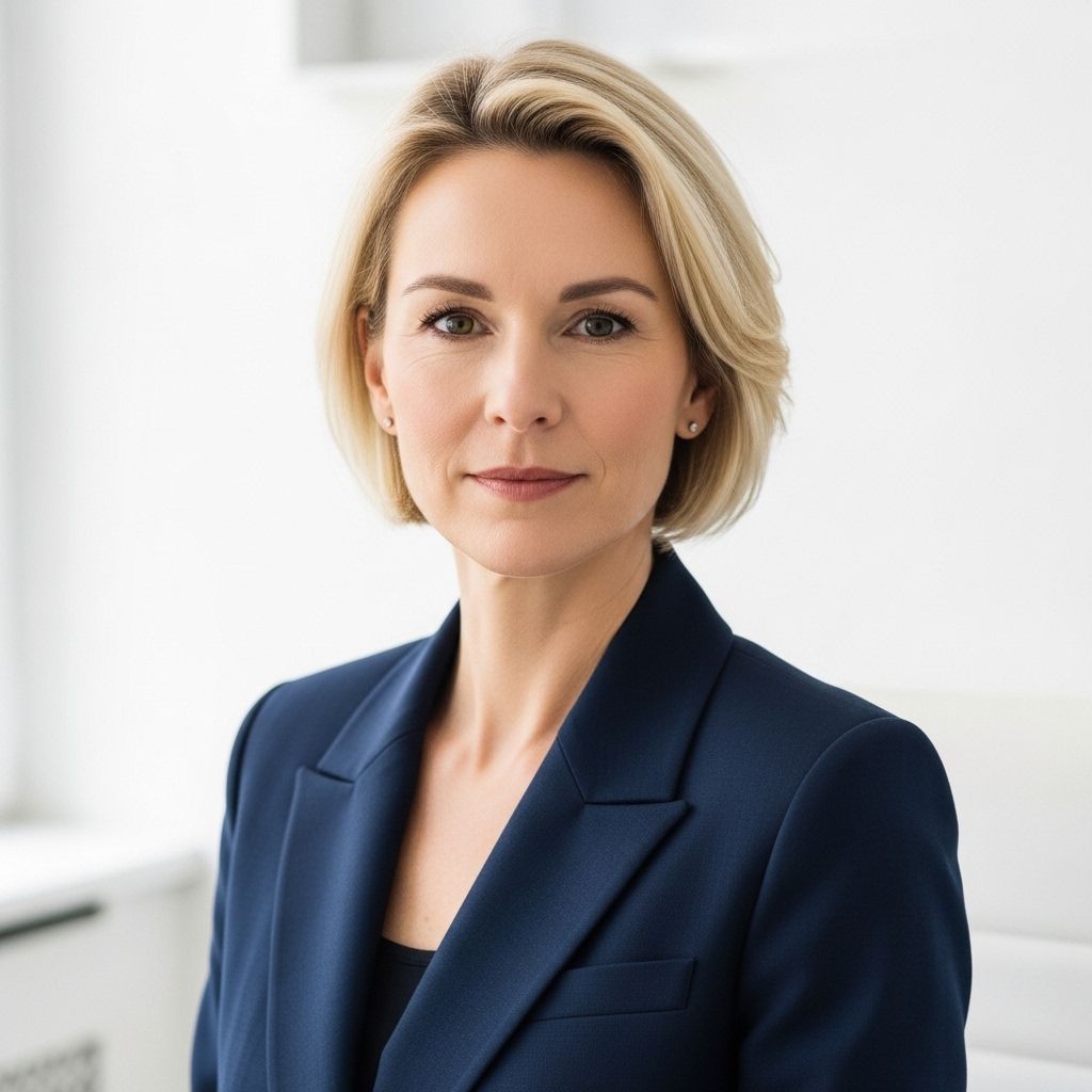 Профессиональный портрет главного редактора — женщина около 40 лет в элегантном тёмно-синем блейзере, короткие светлые волосы, уверенный взгляд, белый минималистичный офисный фон