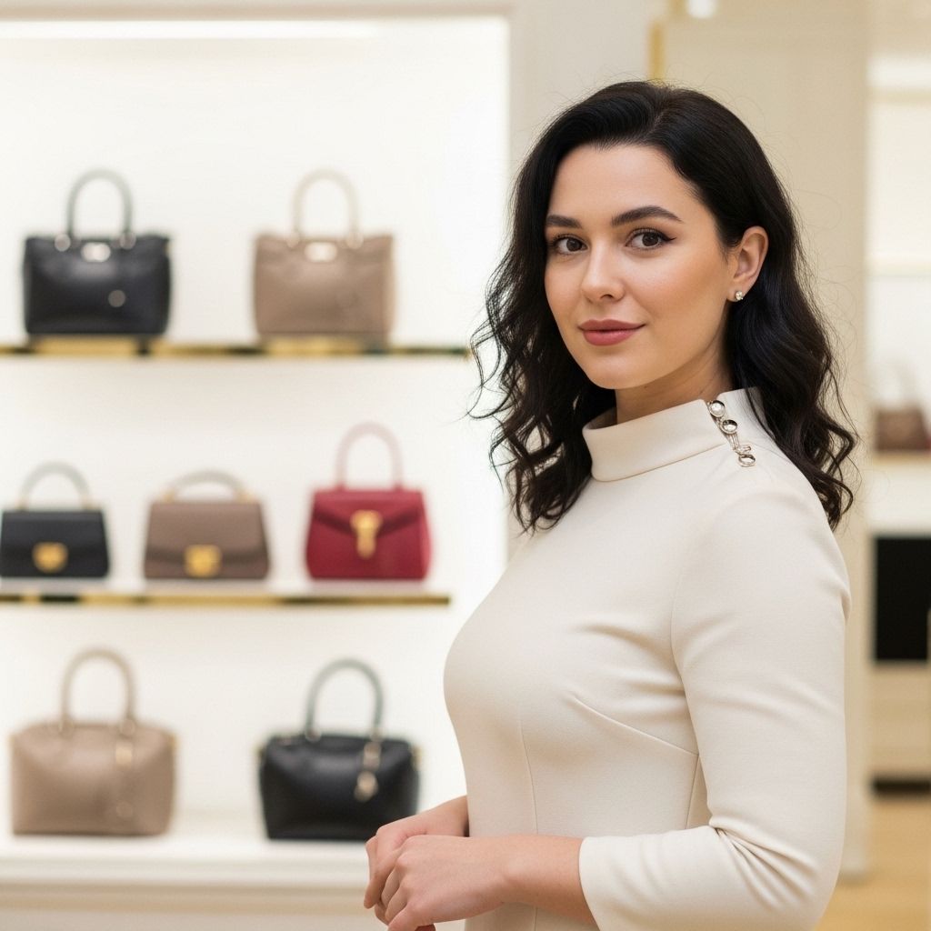 Профессиональный портрет редактора моды — молодая женщина с тёмными волосами в платье кремового цвета, на фоне стеллажа с роскошными сумками в светлом бутике