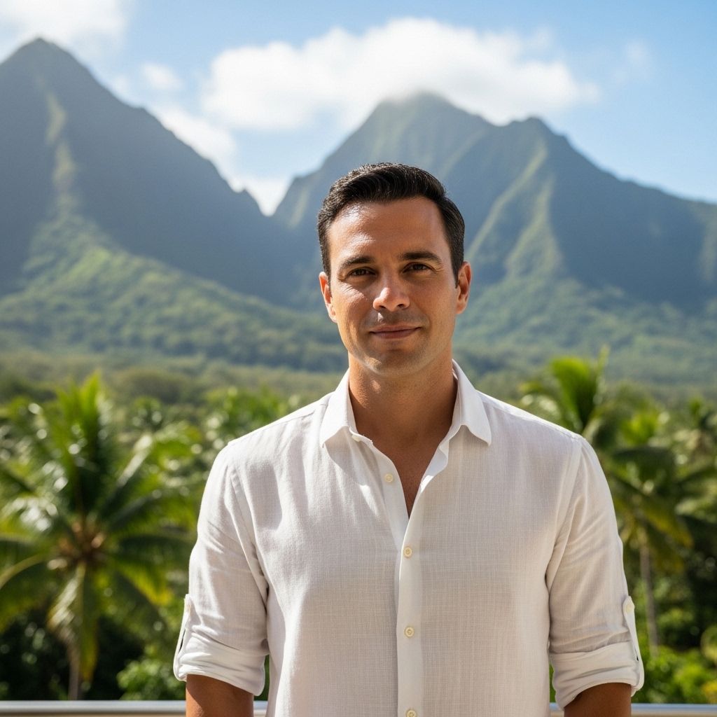 Профессиональный портрет редактора путешествий — мужчина около 35 лет с загаром, в белой рубашке, на фоне террасы с видом на горный тропический пейзаж