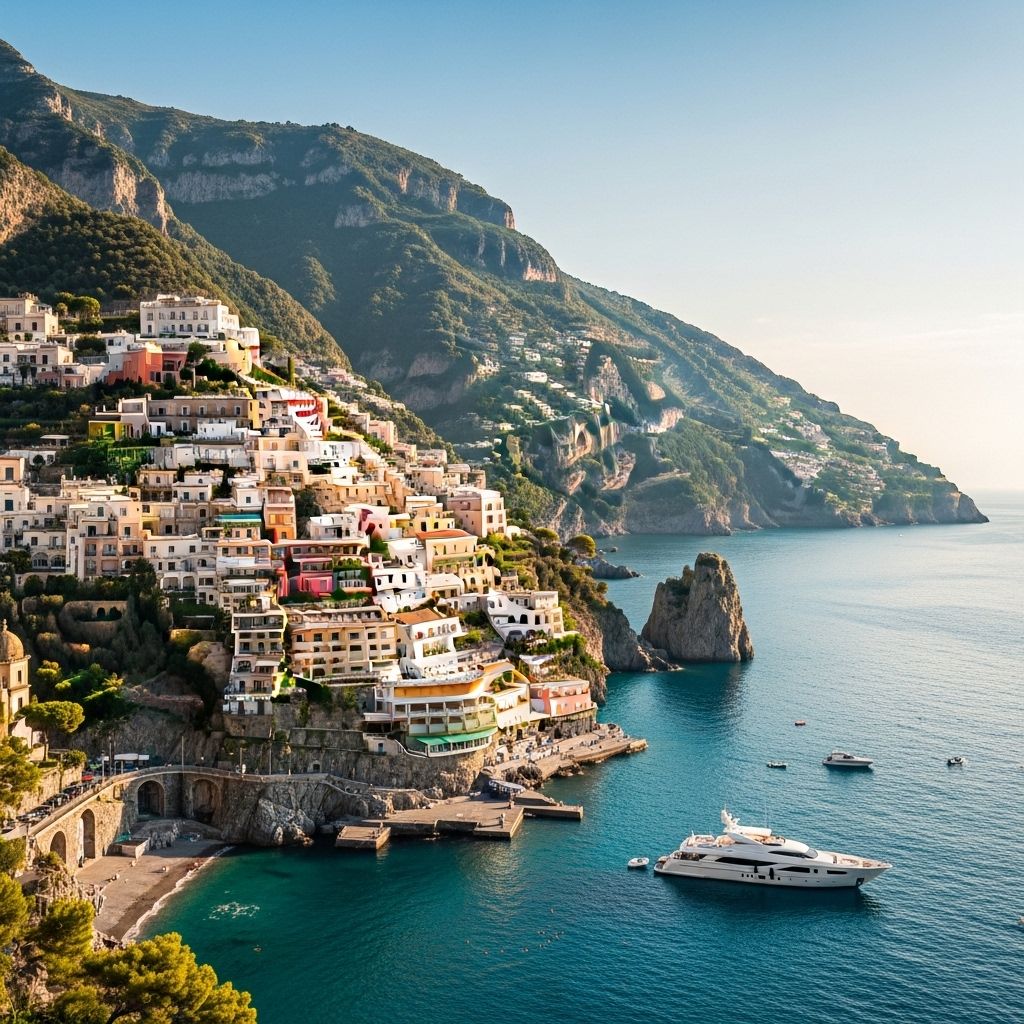 Живописный вид Амальфийского побережья Италии с белыми виллами на крутых скалах над бирюзовым Тирренским морем, люксусная яхта на якоре у берега
